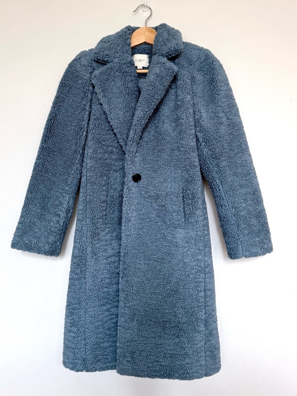 LOFT Women's Lined Blue Teddy Coat with Notched Lapel